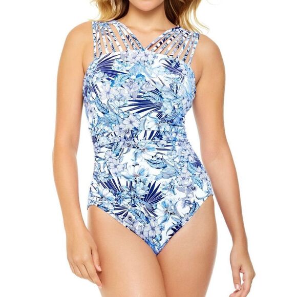 Swim Solutions Royal Affair Multi Strap Mio One Piece Swimsuit Blue Women 12 - Picture 1 of 10